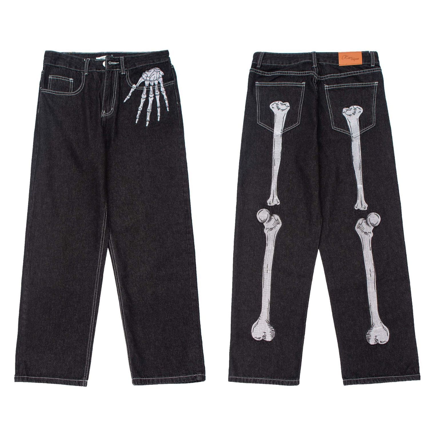 Streetwear dark-style bone print jean 