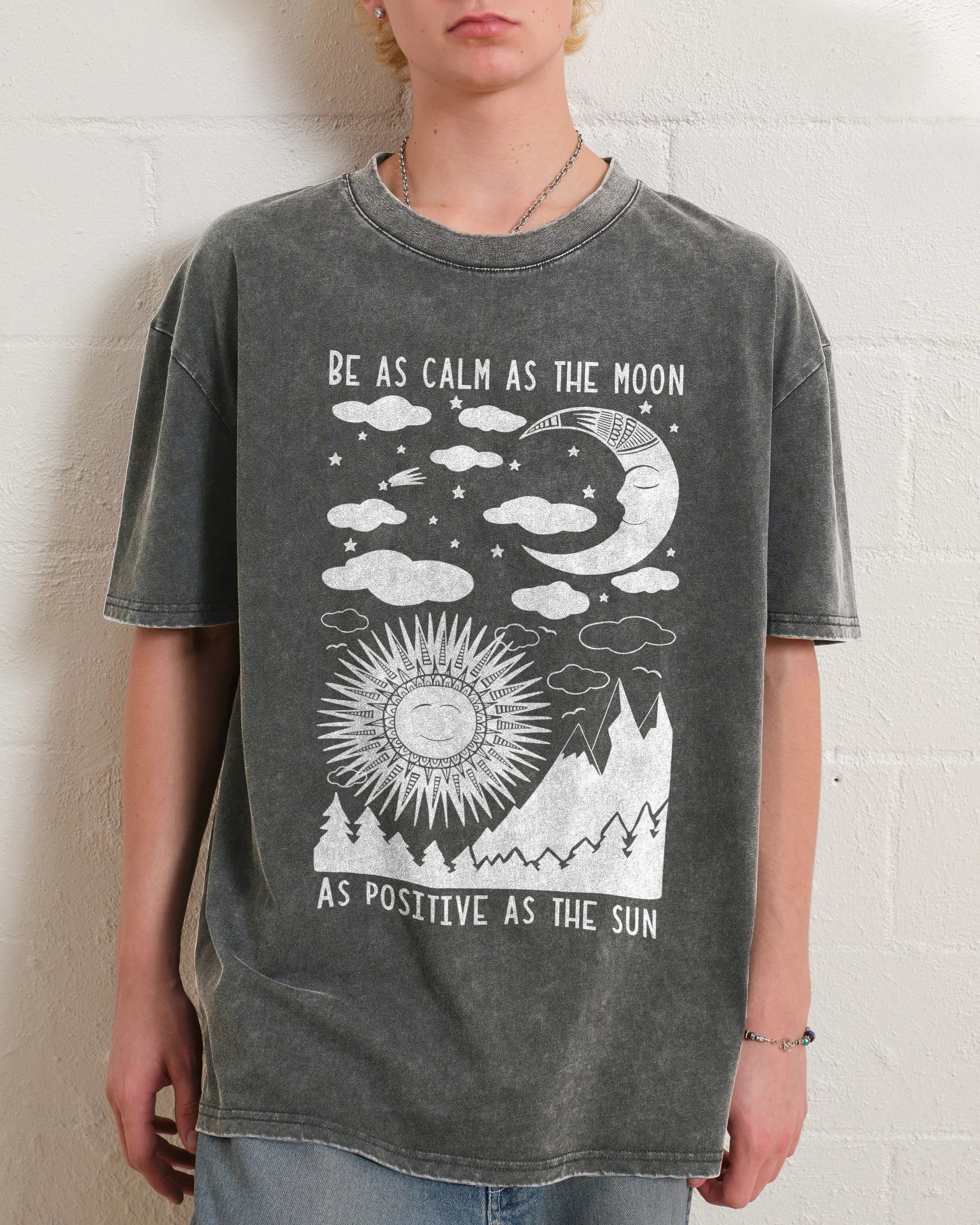 Washed T-Shirt | Unisex Fit Hippie Sun And Moon Graphic Tee | TIDESENCE