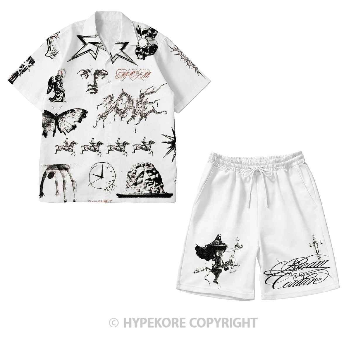 Cross-over short-sleeved all-over print casual suit