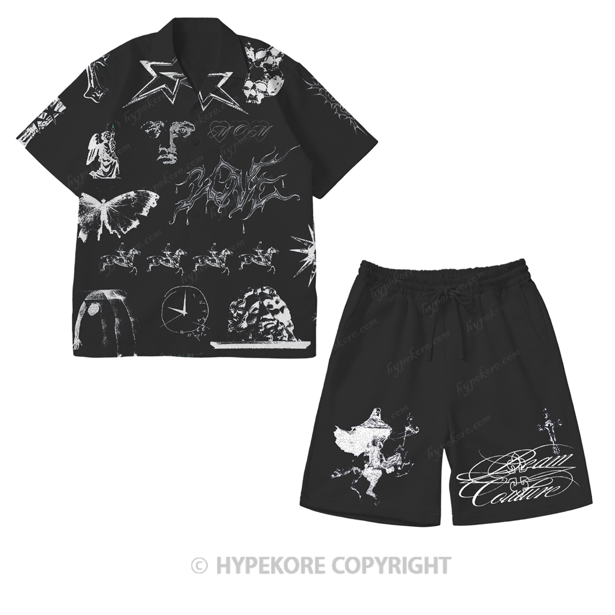 Cross-over short-sleeved all-over print casual suit