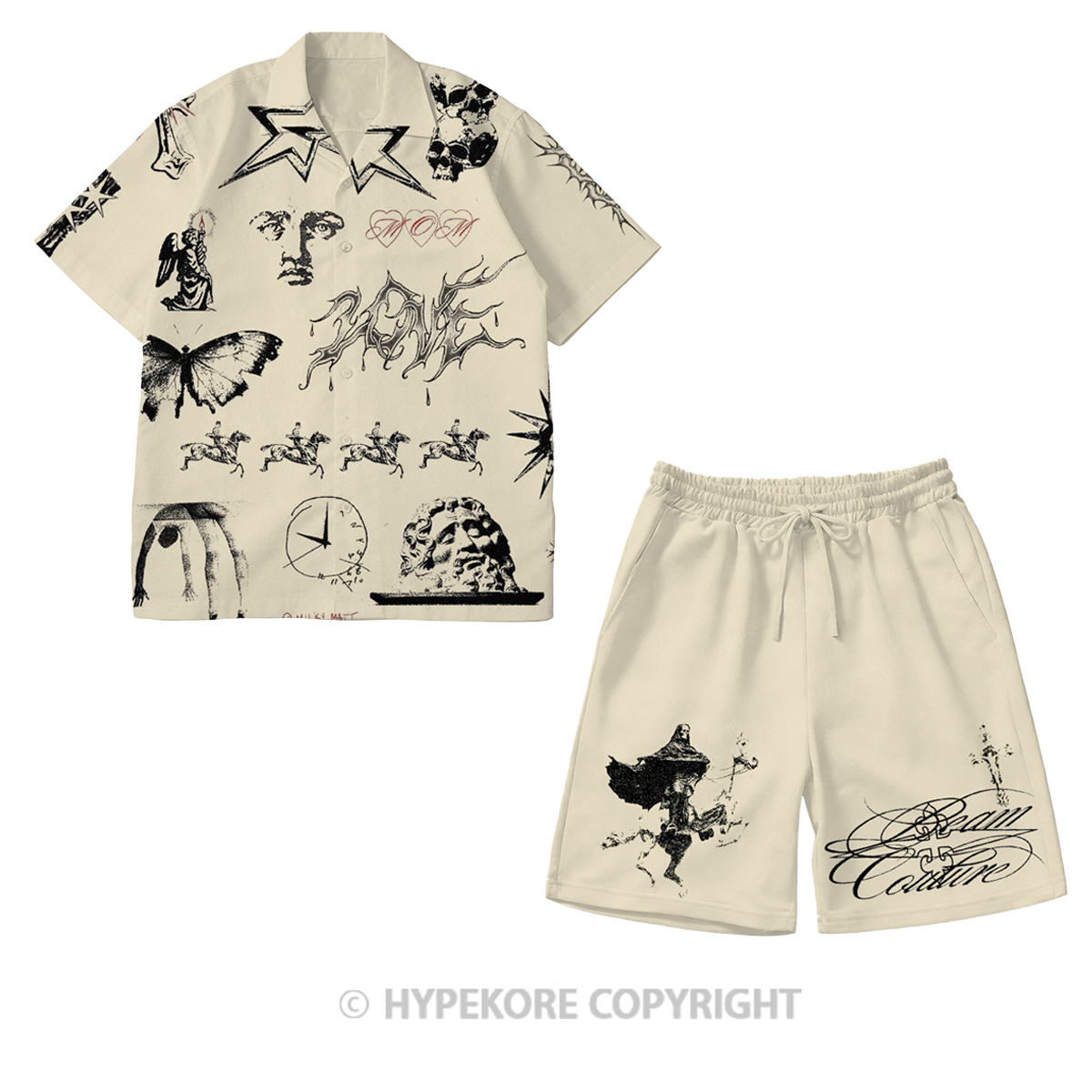 Cross-over short-sleeved all-over print casual suit