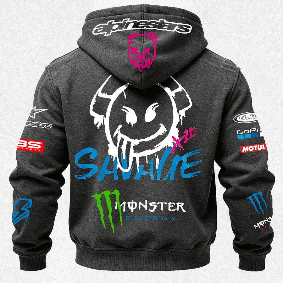 Monster Energy Savage Alpinestars Printed Zippered Hooded Fleece Cardigan