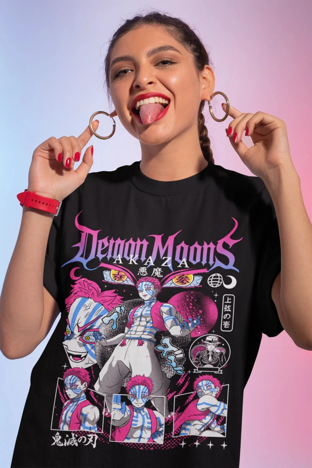 Anime Demon Slayer Akaza Kimetsu no Yaiba Black T-Shirt S-5XL, Manga Gift