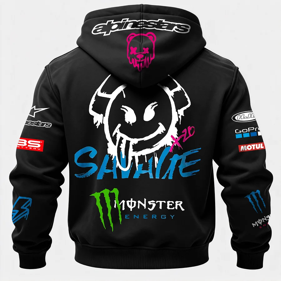 Monster Energy Savage Alpinestars Printed Zippered Hooded Fleece Cardigan
