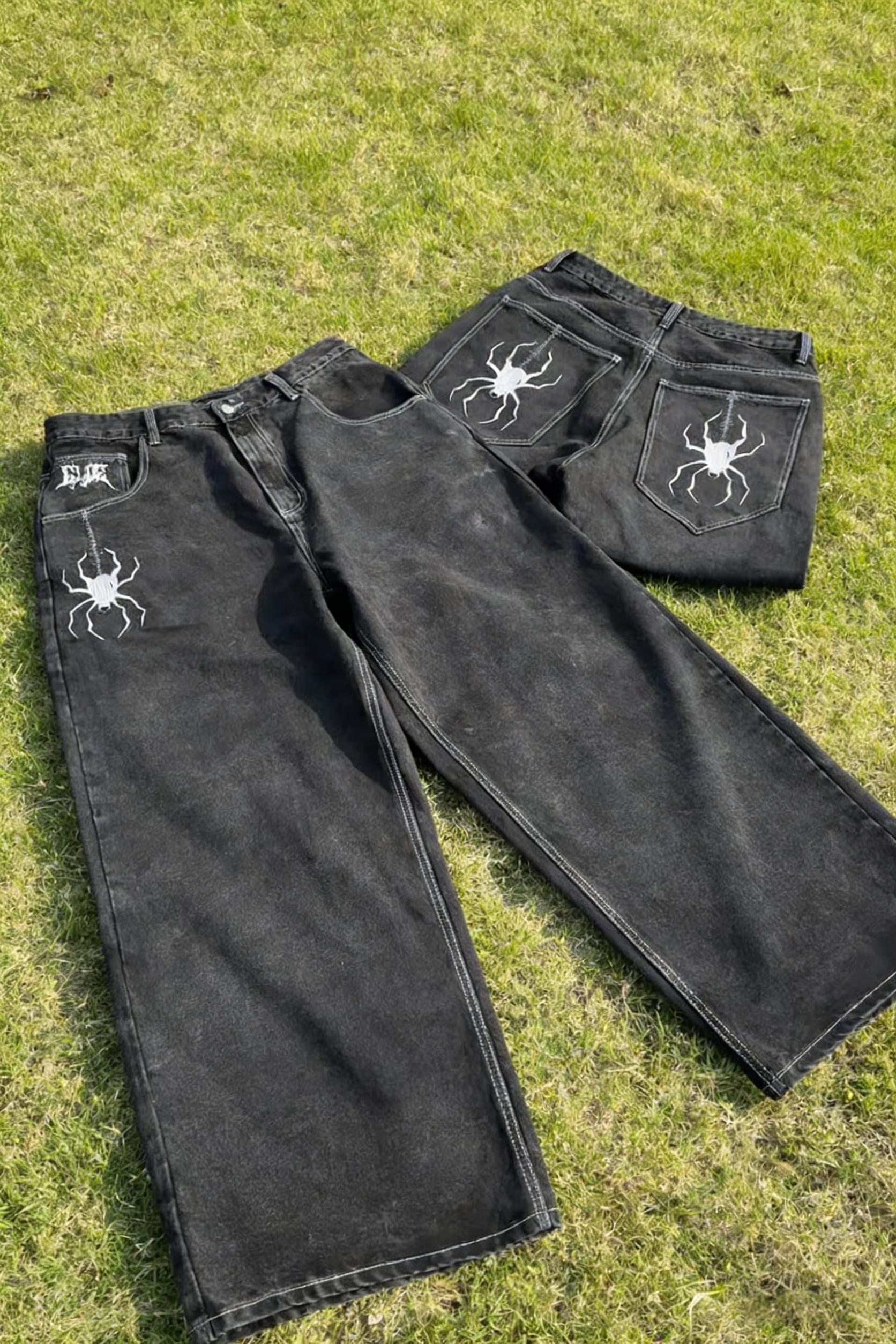 Spider Embroidered Jeans Streetwear 