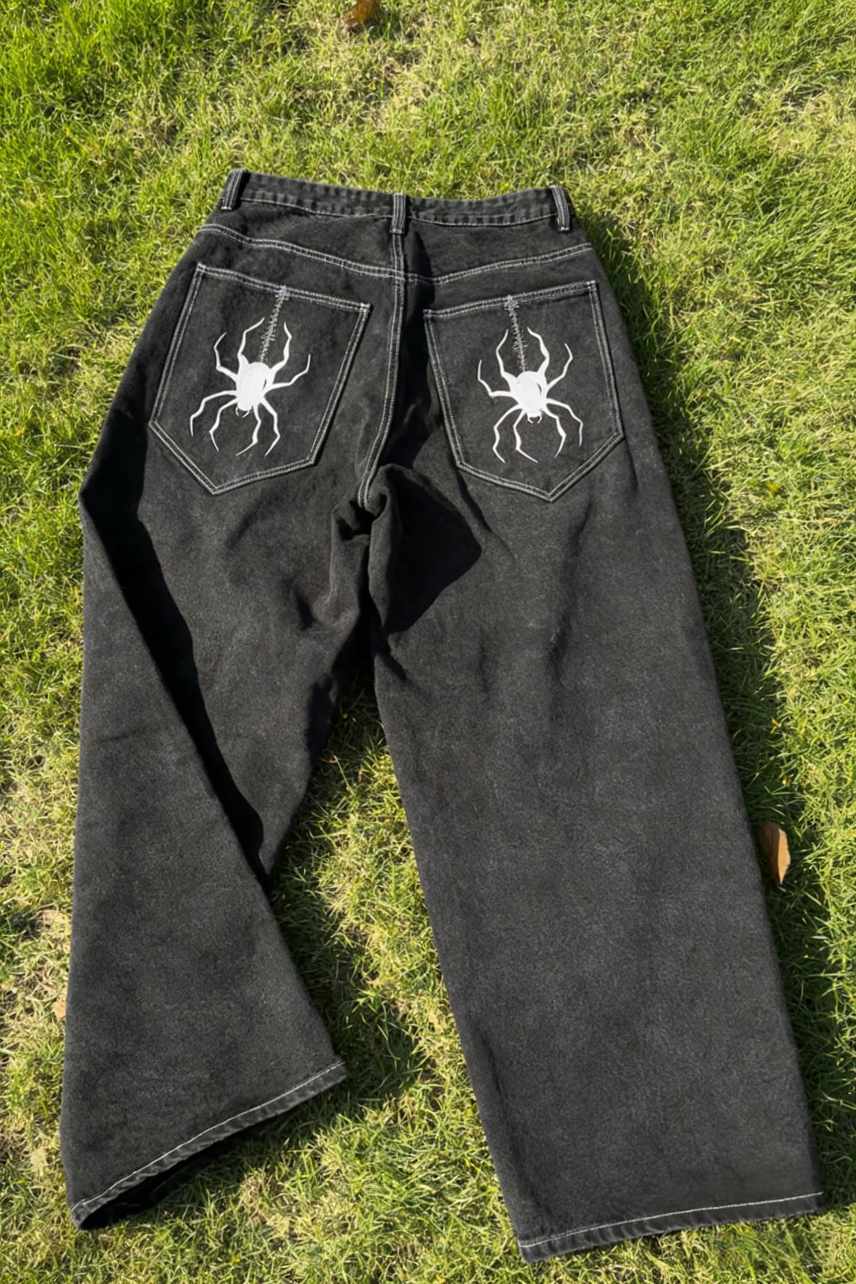 Spider Embroidered Jeans Streetwear 