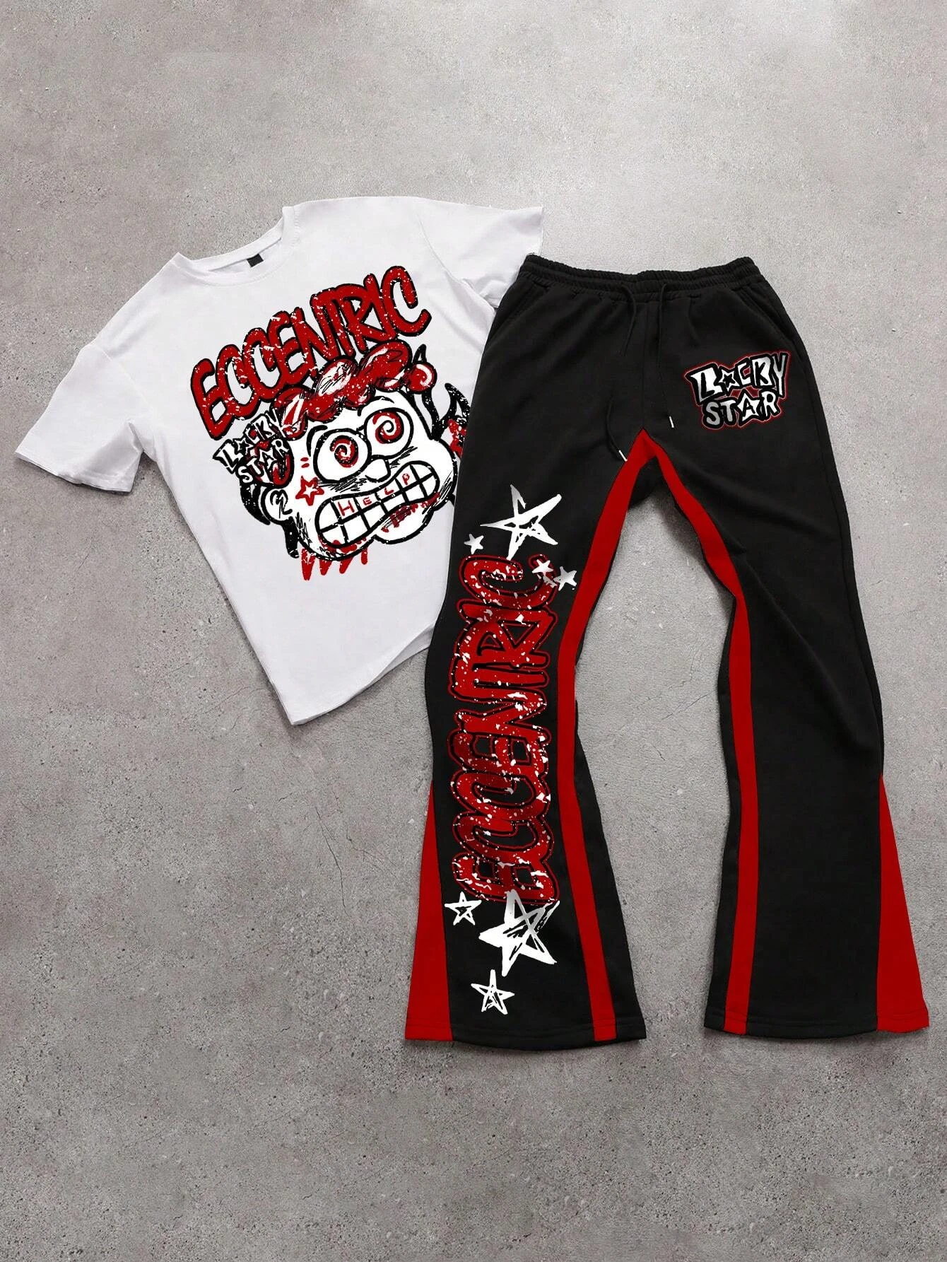 Vintage Manfinity EMRG Letter Cartoon Printed Short-sleeved Two Piece Set