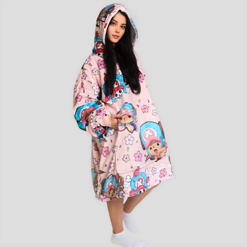 Unisex Anime Blanket Hoodie oversize snuggle Sherpa Flannel Blanket Pajamas