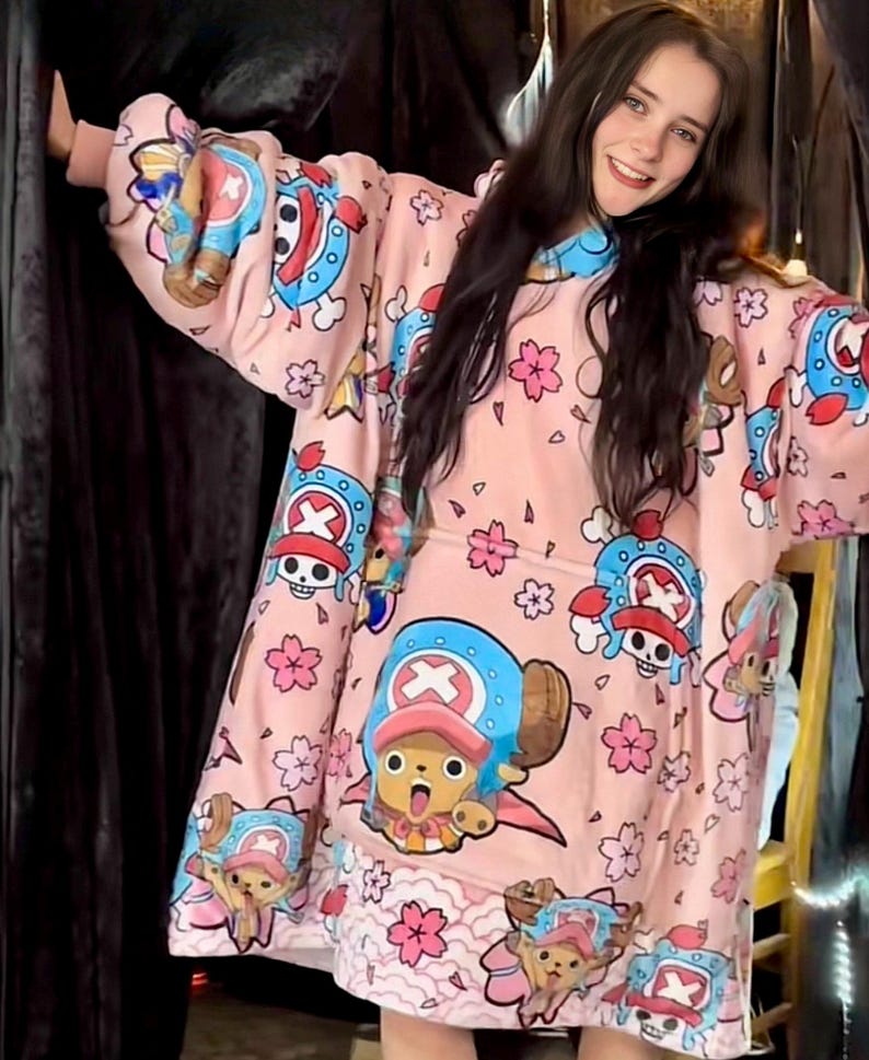 Unisex Anime Blanket Hoodie oversize snuggle Sherpa Flannel Blanket Pajamas