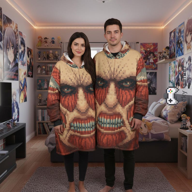 Unisex Anime Pixel Art Hoodie Blanket Flannel Blanket Pajamas