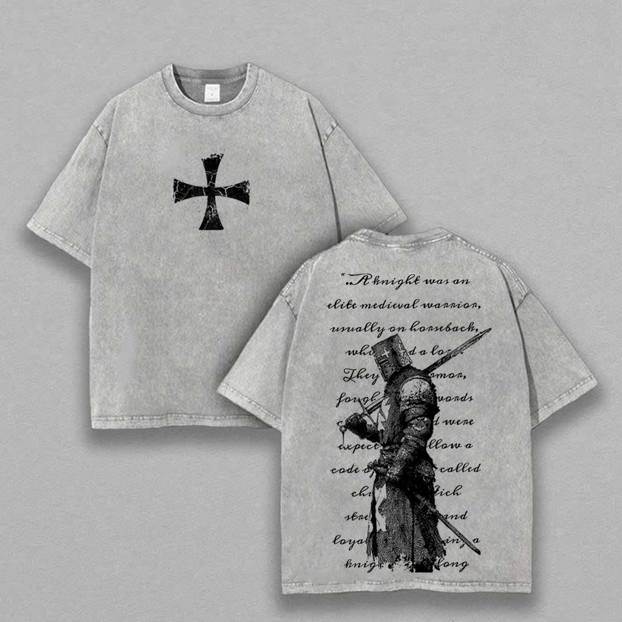 Vintage Washed Sun Knight Shirt, Dark Fantasy Crusader Graphic Tee, Trending T-shirt