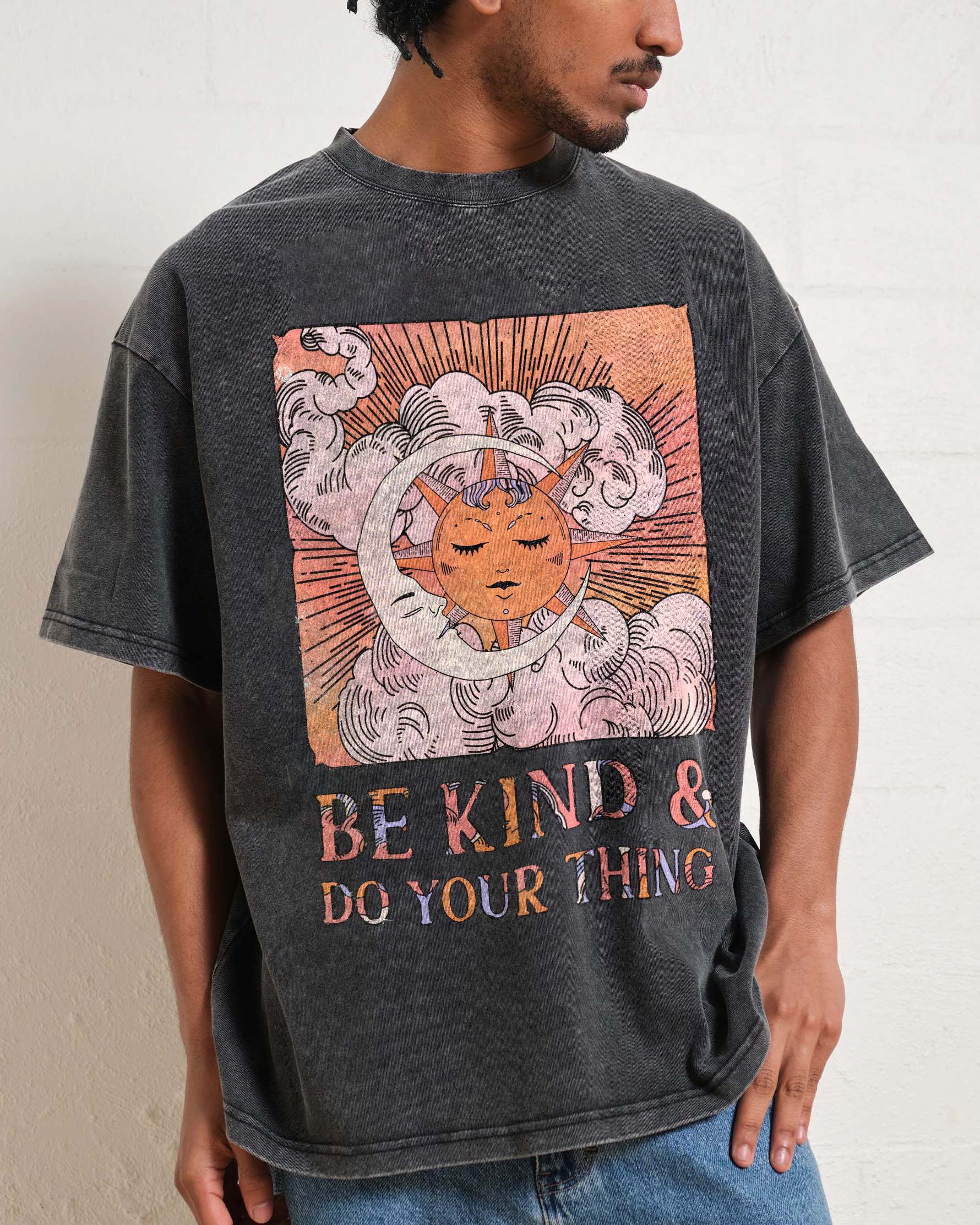 Washed T-Shirt | Unisex Fit Hippie Sun and Moon Graphic Tee | TIDESENCE