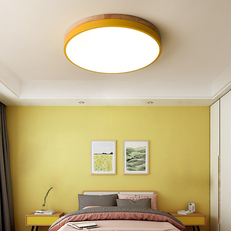 Round Minimalist Wood LED Flush Mount Ceiling Light