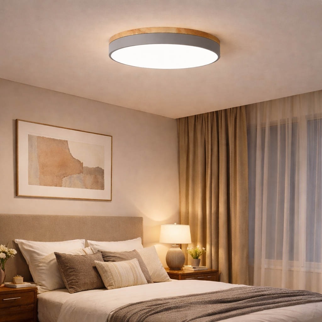 Round Minimalist Wood LED Flush Mount Ceiling Light