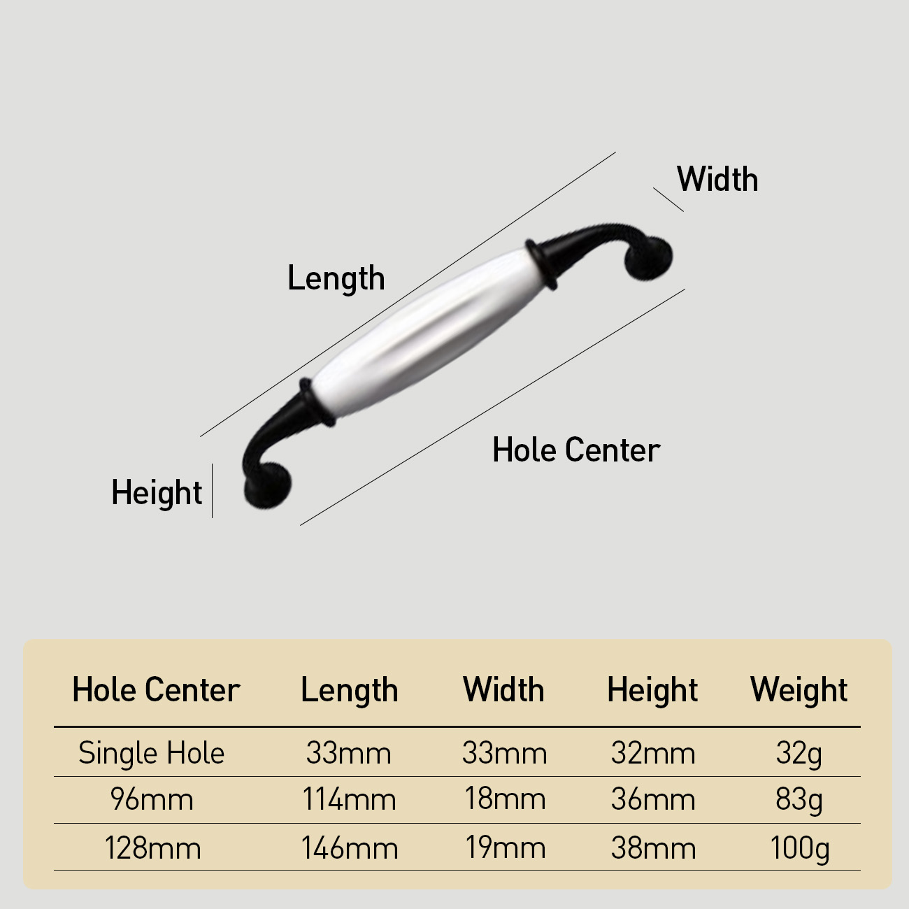 Solid Zinc Alloy Black & White Ceramic Cabinet Handle