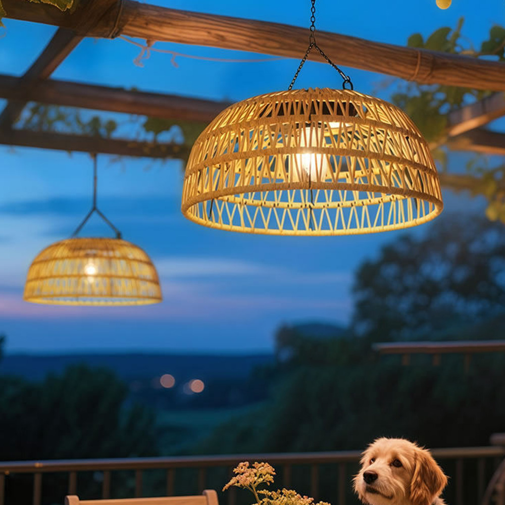 Boho Natural Rattan Drill-Free Solar Pendant Light