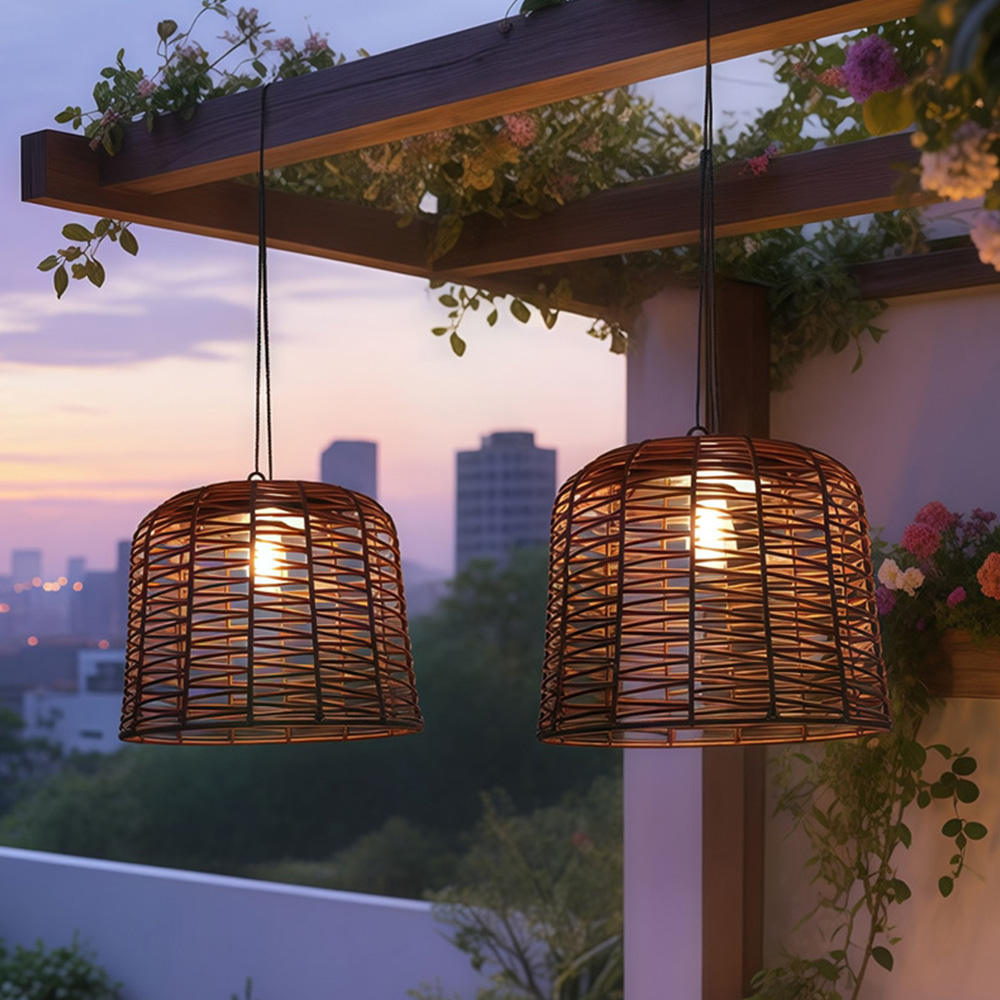 Farmhouse Solar IP65 Dusk-to-Dawn Rattan Hanging Light