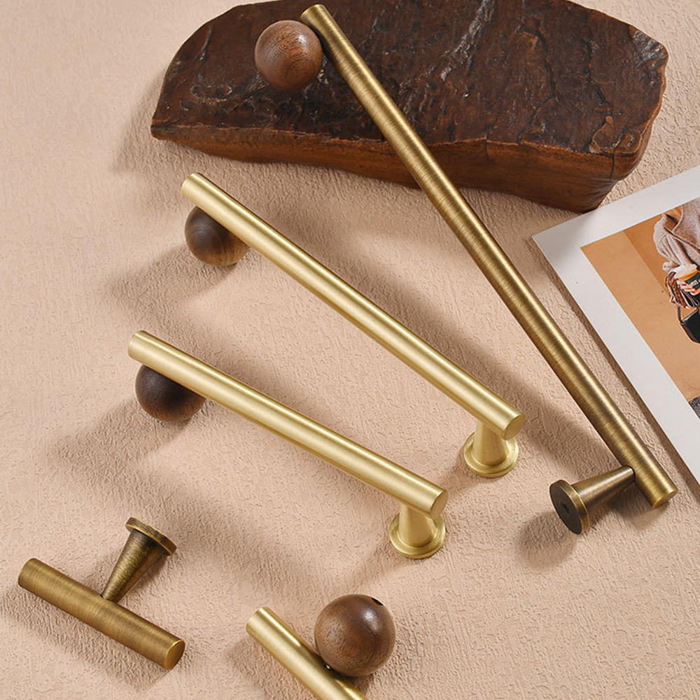 Warm Minimalist Brushed Brass Wood Cabinet Pulls