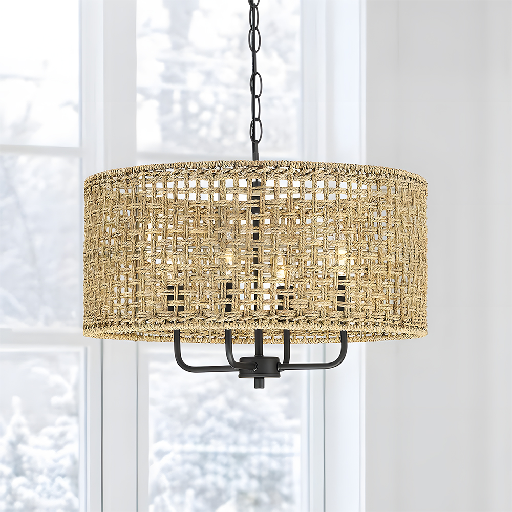 Farmhouse Natural Wood Finish Rattan Pendant Light 
