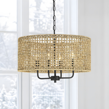 Farmhouse Natural Wood Finish Rattan Pendant Light 