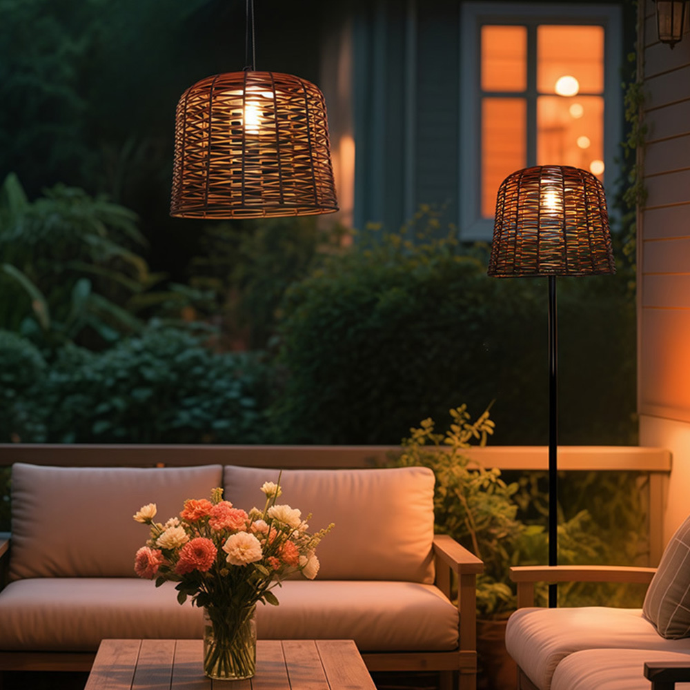 Farmhouse Solar IP65 Dusk-to-Dawn Rattan Hanging Light