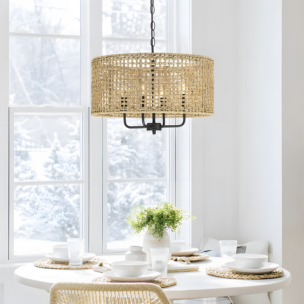 Farmhouse Natural Wood Finish Rattan Pendant Light 