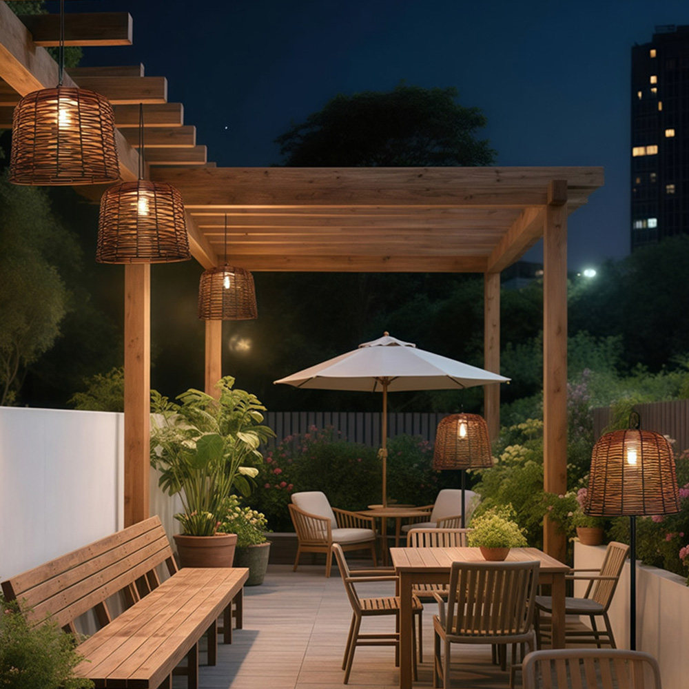 Farmhouse Solar IP65 Dusk-to-Dawn Rattan Hanging Light