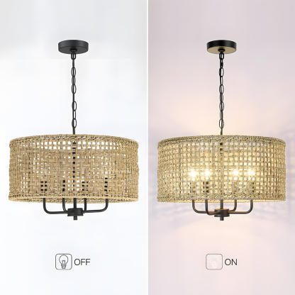 Farmhouse Natural Wood Finish Rattan Pendant Light 