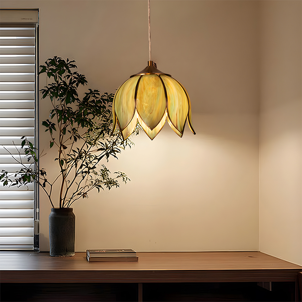 Retro Style Glass Pendant Light With Green or Gold Leaves
