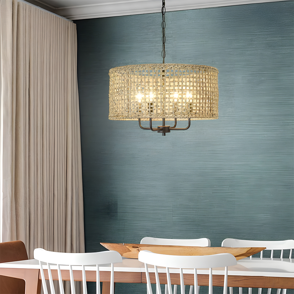 Farmhouse Natural Wood Finish Rattan Pendant Light 