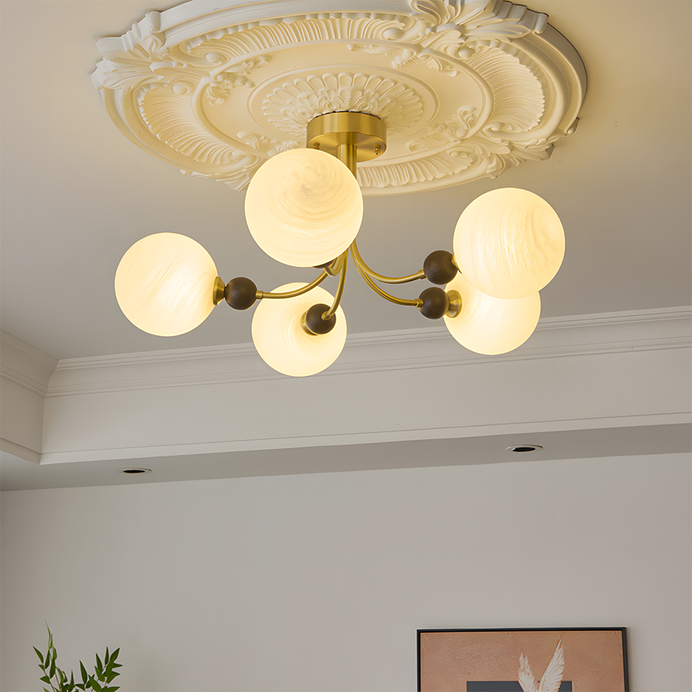 Contemporary Elegant Glass Walnut Branch Multi-Light Chandelier