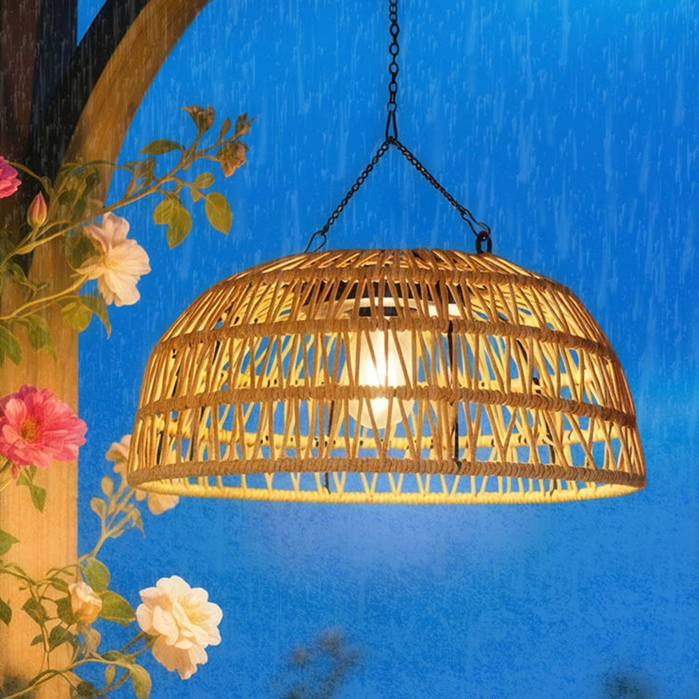 Boho Natural Rattan Drill-Free Solar Pendant Light