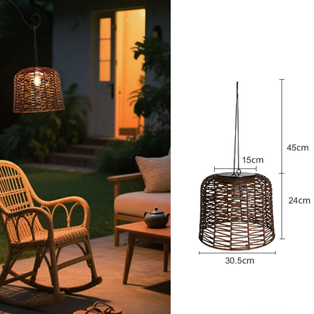Farmhouse Solar IP65 Dusk-to-Dawn Rattan Hanging Light