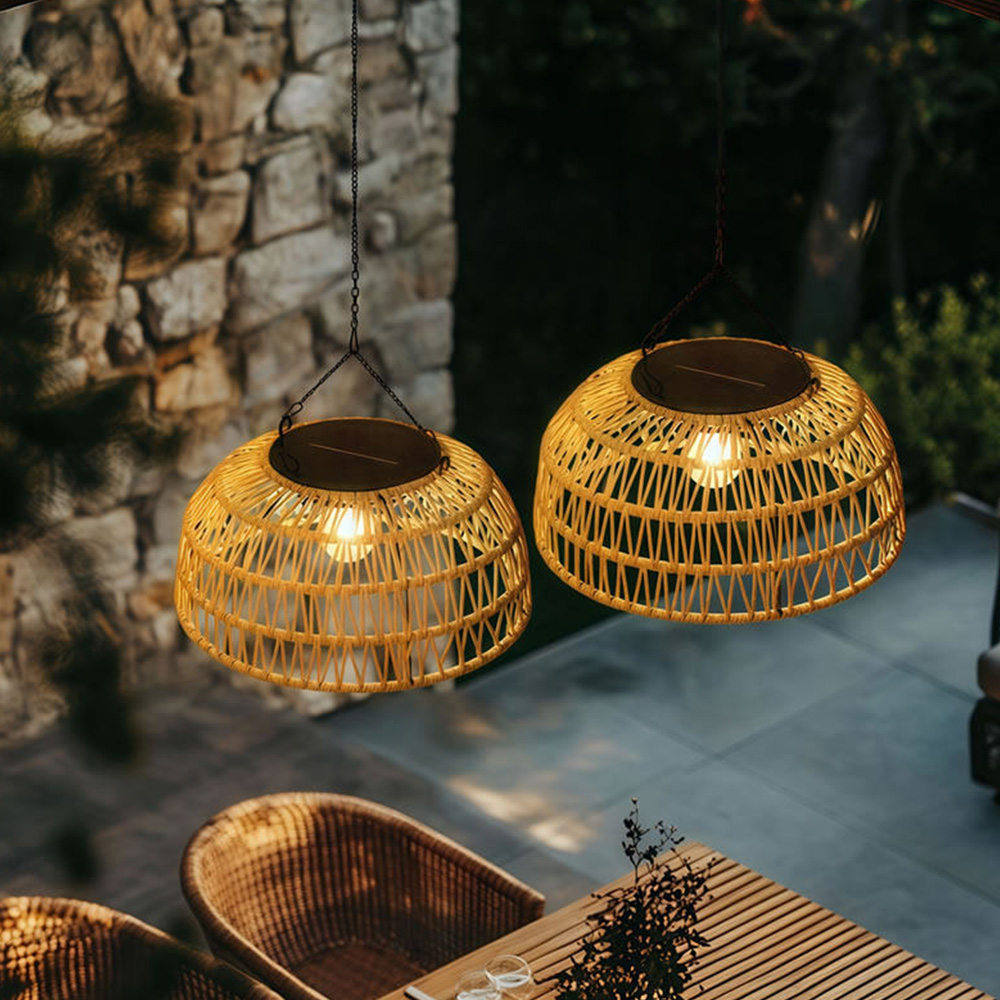 Boho Natural Rattan Drill-Free Solar Pendant Light