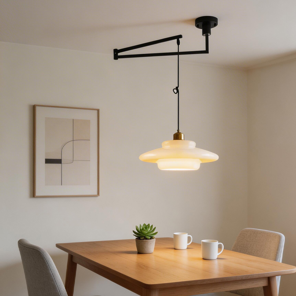 Modern White Glass Adjustable Swing Arm Pendant Light