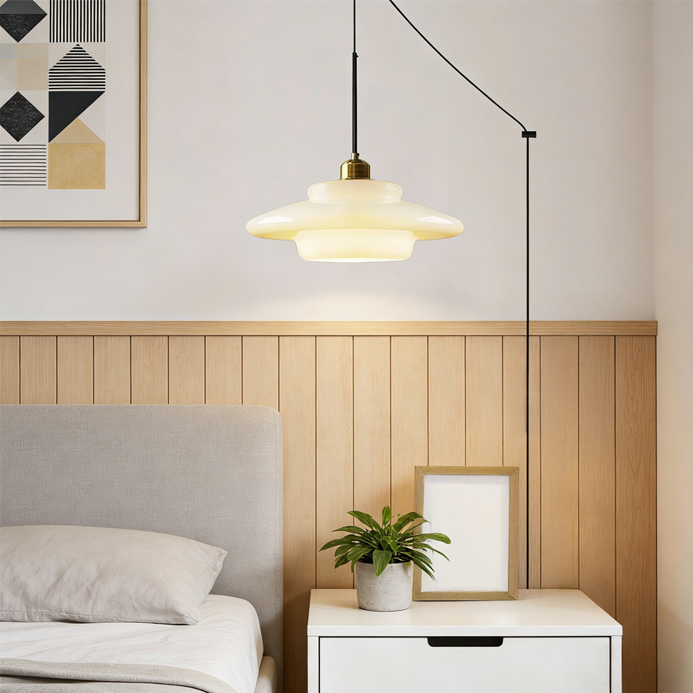 Mid Century Plug-in Milk White Glass Pendant Light