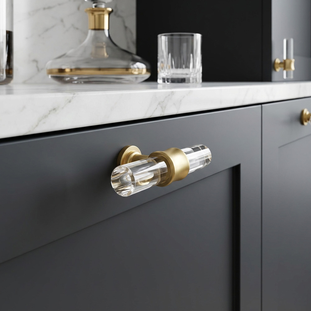 Modern Cabinet Handles - Clear Acrylic Drawer Pulls Solid Brass Base