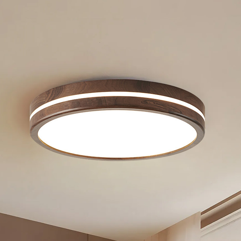 Minimalist Brown Round Wood LED Bedroom Ceiling Lamp