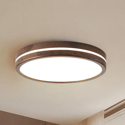 Minimalist Brown Round Wood LED Bedroom Ceiling Lamp