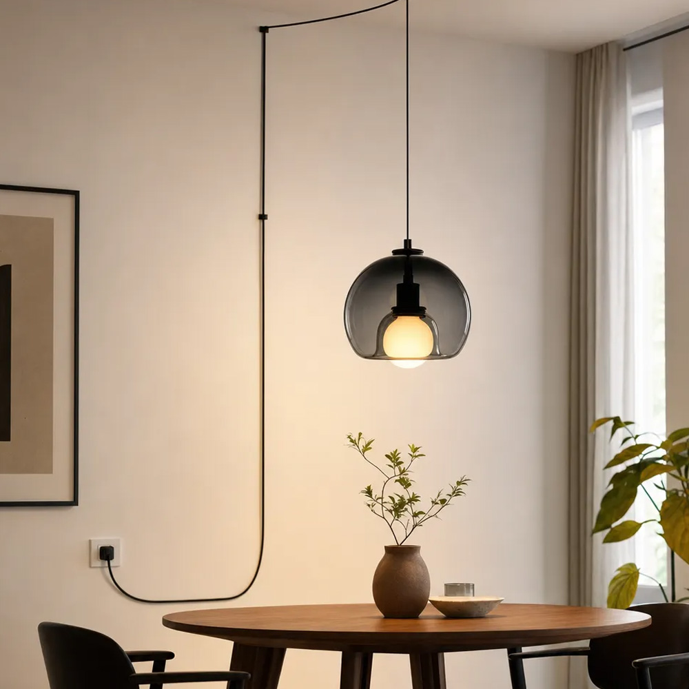 Plug In Glass Pendant Light - Swag Dining Room Hanging Light