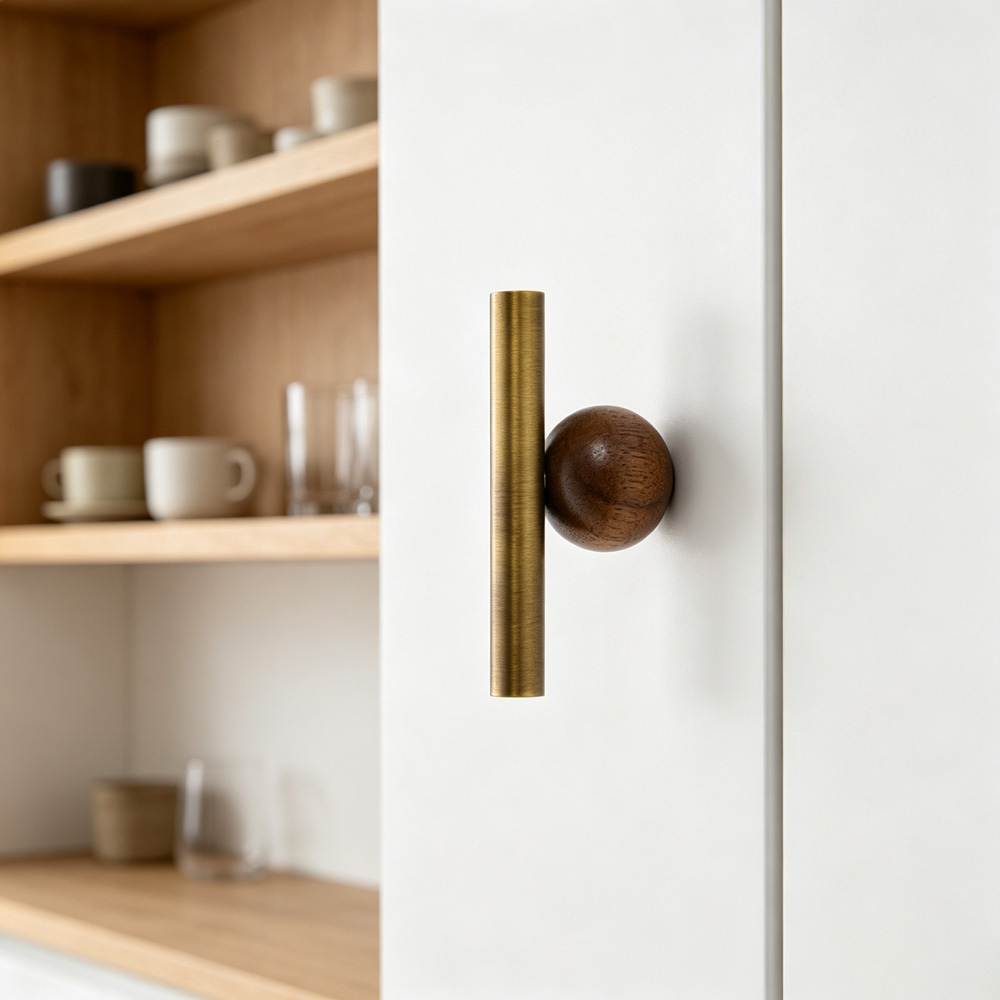 Warm Minimalist Brushed Brass Wood Cabinet Pulls