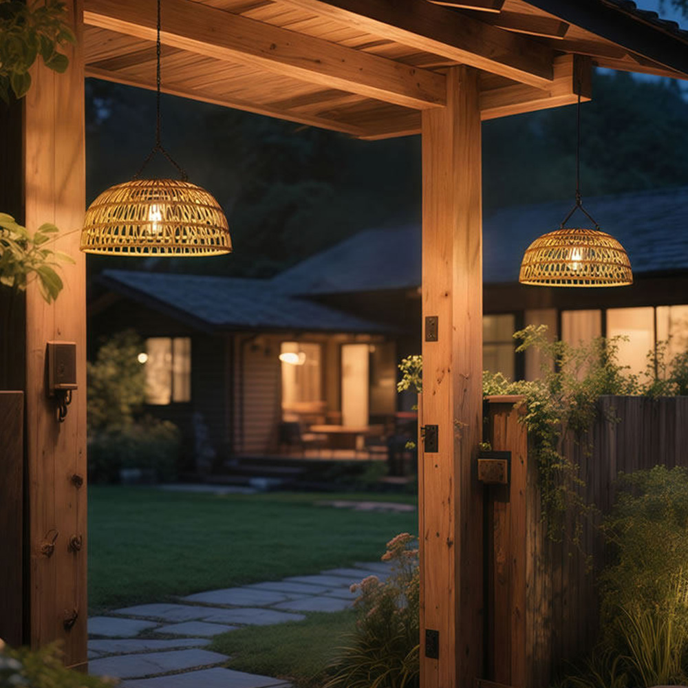 Boho Natural Rattan Drill-Free Solar Pendant Light
