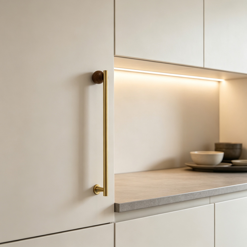 Warm Minimalist Brushed Brass Wood Cabinet Pulls