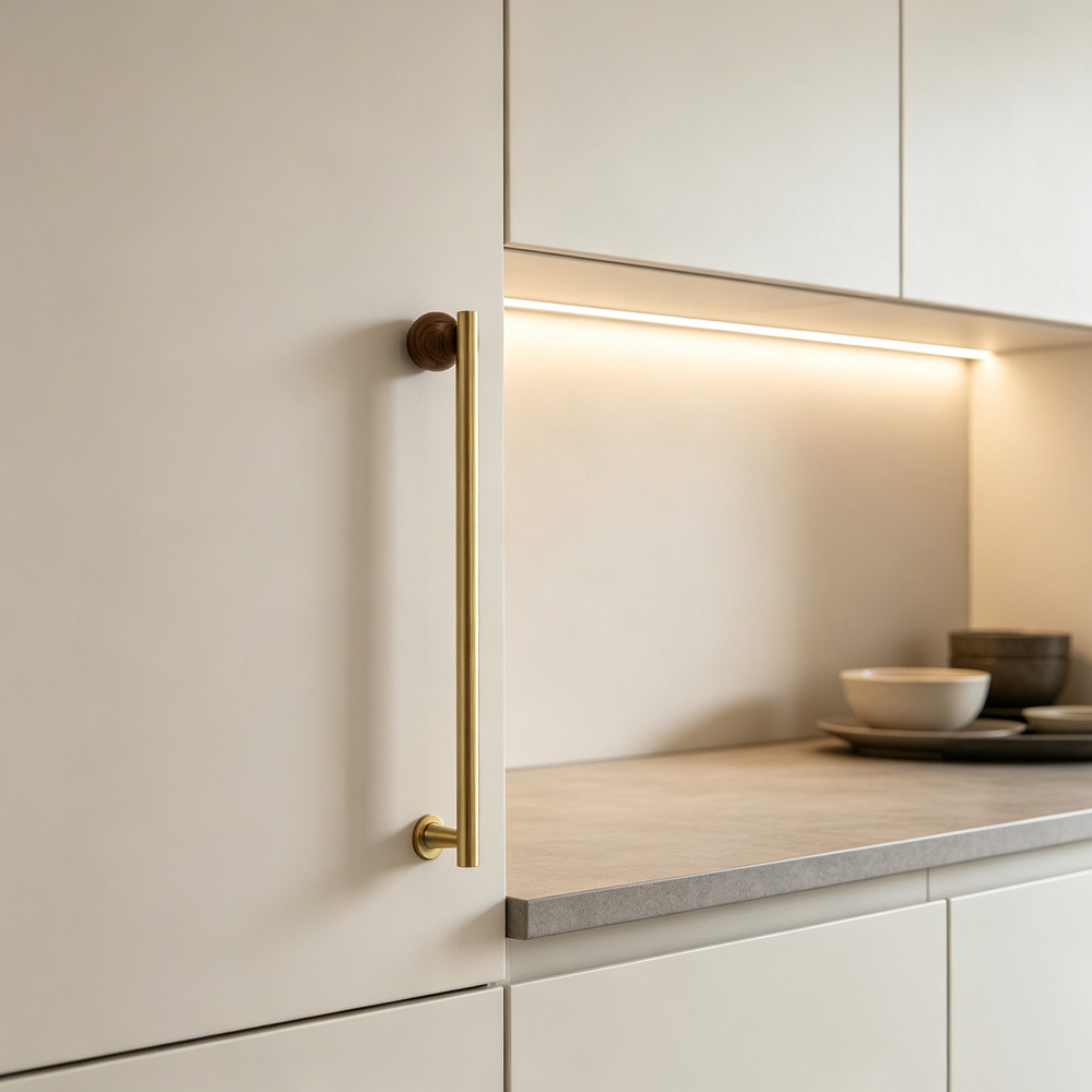 Warm Minimalist Brushed Brass Wood Cabinet Pulls