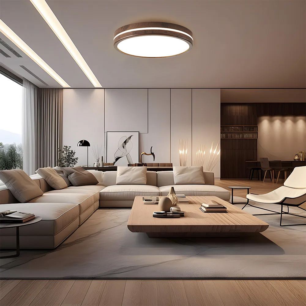 Minimalist Brown Round Wood LED Bedroom Ceiling Lamp