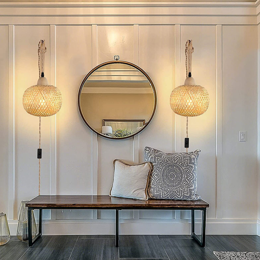 Rustic Farmhouse Bamboo Woven Wall Lamp