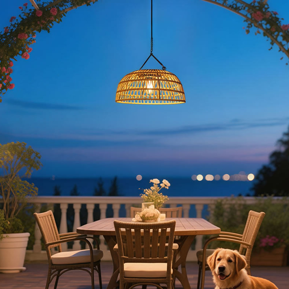 Boho Natural Rattan Drill-Free Solar Pendant Light