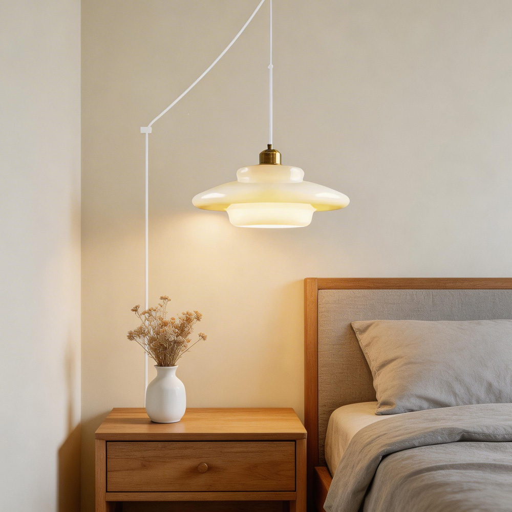 Mid Century Plug-in Milk White Glass Pendant Light