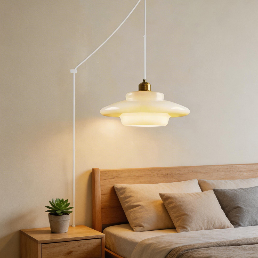 Mid Century Plug-in Milk White Glass Pendant Light