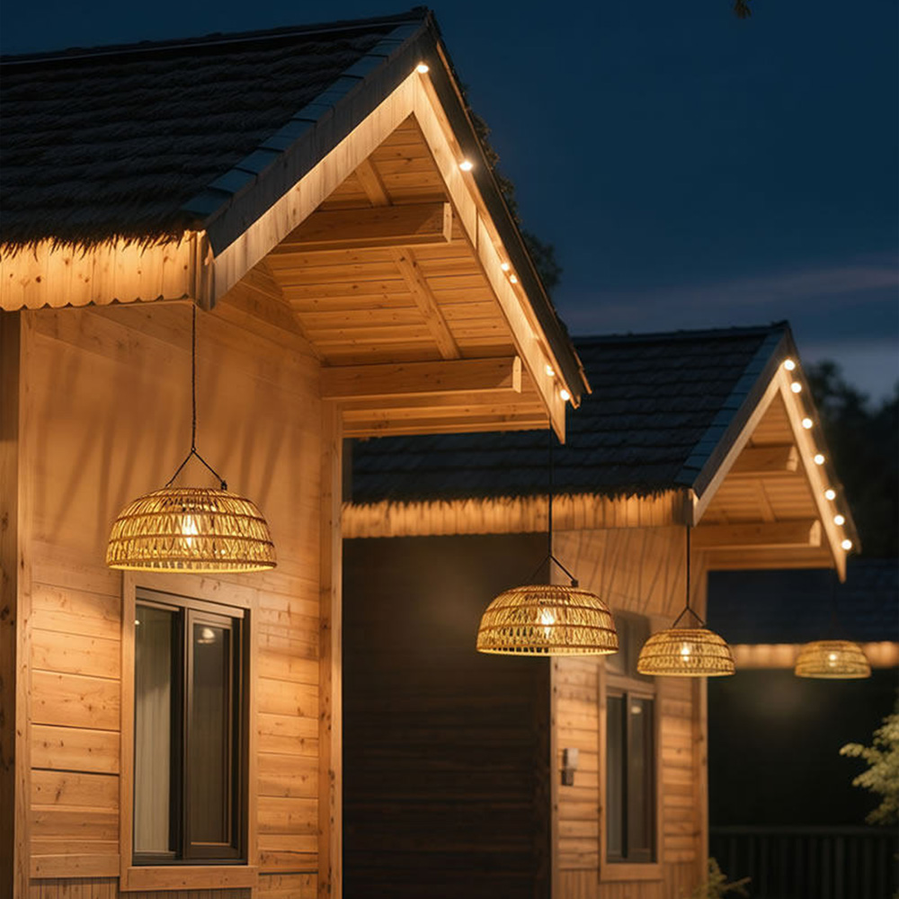Boho Natural Rattan Drill-Free Solar Pendant Light